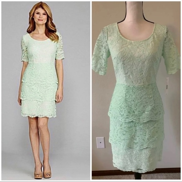 Antonio Melani Sz 6 Mint Green Tiered Scalloped Lace Sheath Shift Dress - Picture 1 of 10
